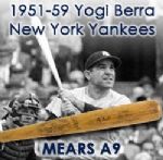 1951-59 Yogi Berra New York Yankees Signed H&B Louisville Slugger Professional Model Game Used Bat (MEARS A9/JSA) “Painted 8, Used During 5 World Championship Span”