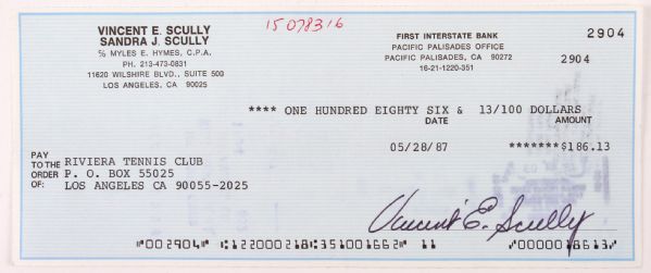 1987 Vin Scully Los Angeles Dodgers Signed Check (MEARS LOA)