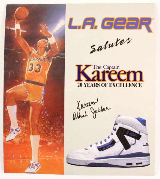 1989 circa Kareem Abdul Jabbar Los Angeles Lakers Facsimile Signed LA Gear 10.5" x 12" Countertop Display