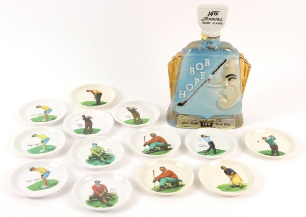 1973 Bob Hope Desert Classic Kentucky Straight Bourbon Decanter & Golf Saucers - Lot of 14