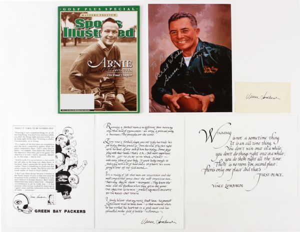 1960s-2000s Vince Lombardi Green Bay Packers Memorabilia Collection - Lot of 5 w/ Signed Notecard + Arnold Palmer Signed Sports Illustrated (JSA)