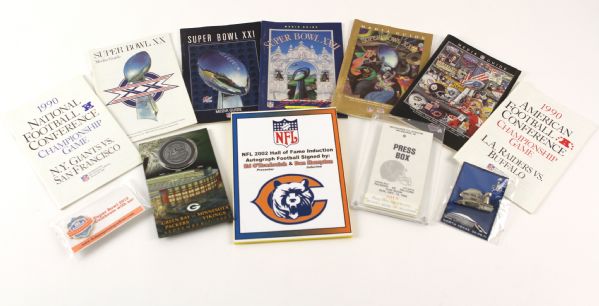 1980s-2000s Football Memoravbilia Collection - Lot of 12 w/ Press Pass from Last Packers Game @ Milwaukee County Stadium, Super Bowls Media Guides/Pins & More