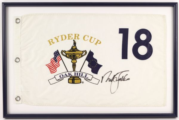 1995 Nick Faldo Signed 17" x 25" Framed Oak Hill Ryder Cup Flag (JSA)