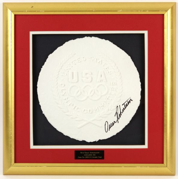 2000 Oscar Robertson Signed 17" x 18" Framed Embossed USA Olympic Committee Seal (JSA)