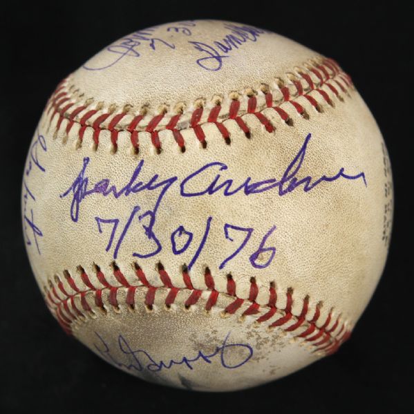 1976 (July 30) Pete Rose Johnny Bench Spark Anderson George Foster Ken Griffey Cincinnati Reds Signed ONL Feeney Riverfront Stadium Game Used Baseball (MEARS LOA/JSA)