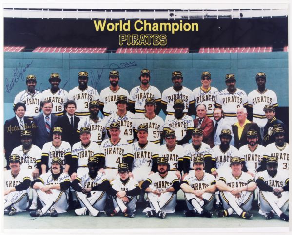 1979 Pittsburgh Pirates World Series Champion Signed 16" x 20" Team Photo w/ 27 Signatures Including Willie Stargell, Dave Parker, Bert Blyleven, Chuck Tanner, (JSA)