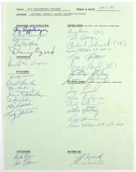 1973 (June 11) Philadelphia Phillies Signed Team Sheet w/ 31 Signatures Including Mike Schmidt (early), Greg Luzinski, Larry Bowa & More (JSA)