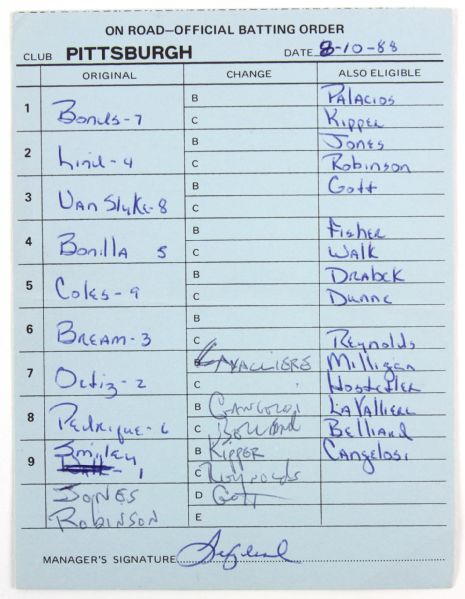 1988 (August 10) Jim Leyland Pittsburgh Pirates Signed Olympic Stadium Lineup Card (JSA)