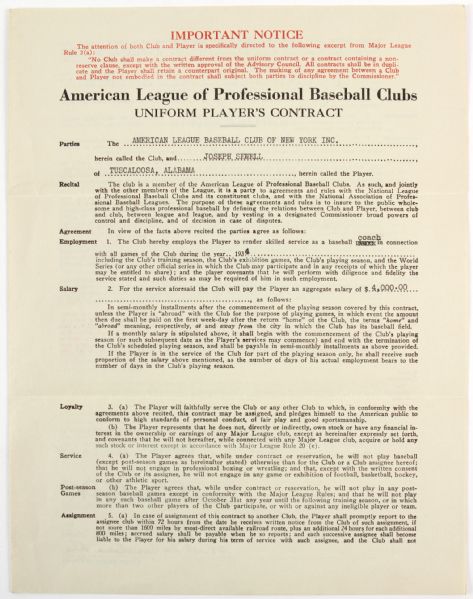 1934 Joe Sewell Jacob Ruppert William Harridge Signed American League Uniform Players Contract (JSA)