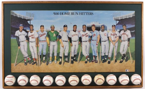 1988 circa 500 Home Run Club 26" x 42" Framed Display w/ 11 Signed Baseballs Including Willie Mays, Hank Aaron, Ernie Banks & More (JSA)