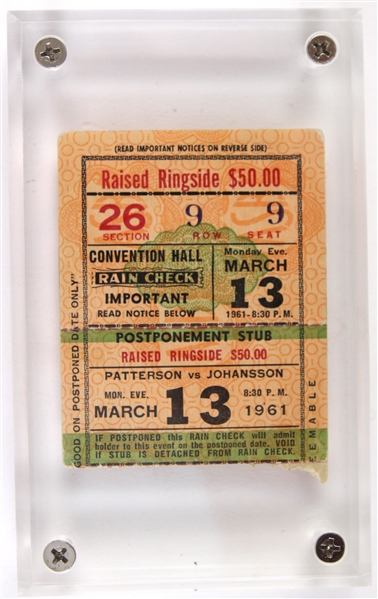 1961 (March 13) Floyd Patterson Ingemar Johansson Heavyweight Title Bout Ticket Stub