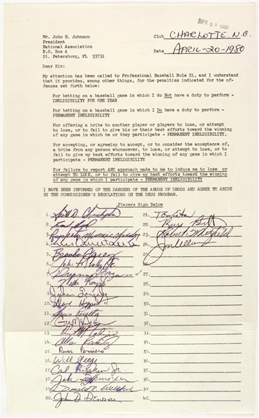 1980 Charlotte Os Team Signed Non Gambling Contract w/ 24 Signaturs Including Cal Ripken Jr., John Shelby, Willie Royster & More (PSA/DNA)