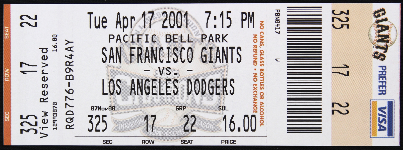 2001 (April 17) Barry Bonds 500th Home Run San Francisco Giants Los Angeles Dodgers PacBell Park Ticket