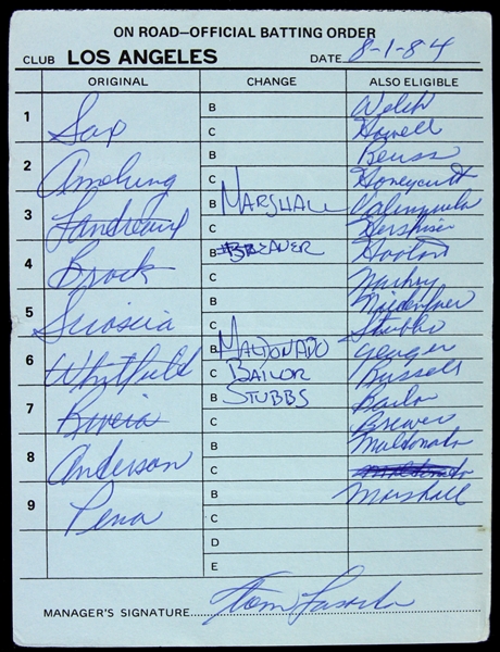 1984 (August 1) Los Angeles Dodgers In Dugout Lineup Card