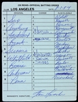 1984 (August 1) Los Angeles Dodgers In Dugout Lineup Card