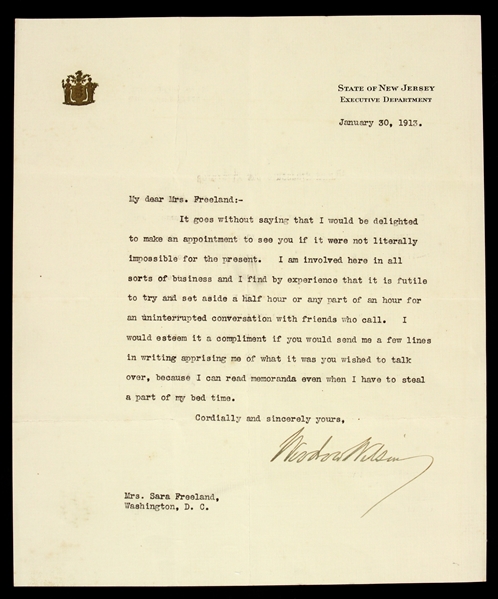 1913 (January 30) Woodrow Wilson TLS Autographed Letter (Full PSA/DNA Letter)