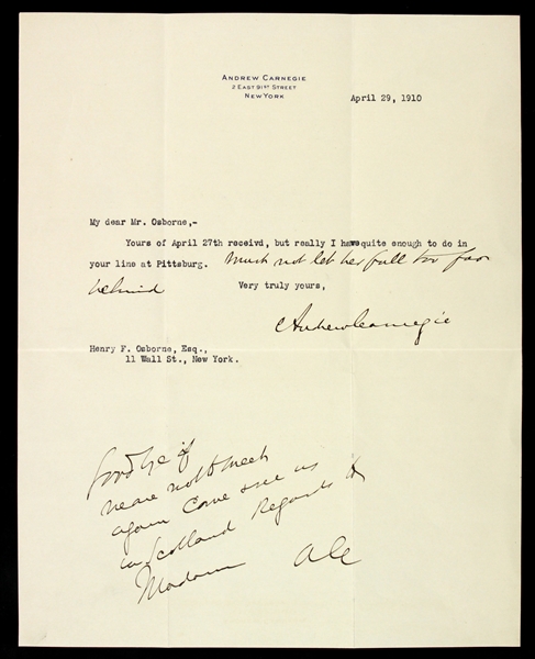 1910 (April 29) Andrew Carnegie TLS Signed Letter W/ 2nd Note in his hand (PSA/DNA Full Letter)