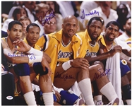 1986-89 Magic Johnson Kareem Abdul Jabbar James Worthy Byron Scott Mychal Thompson Los Angeles Lakers Signed 16" x 20" Photo (PSA/DNA) 