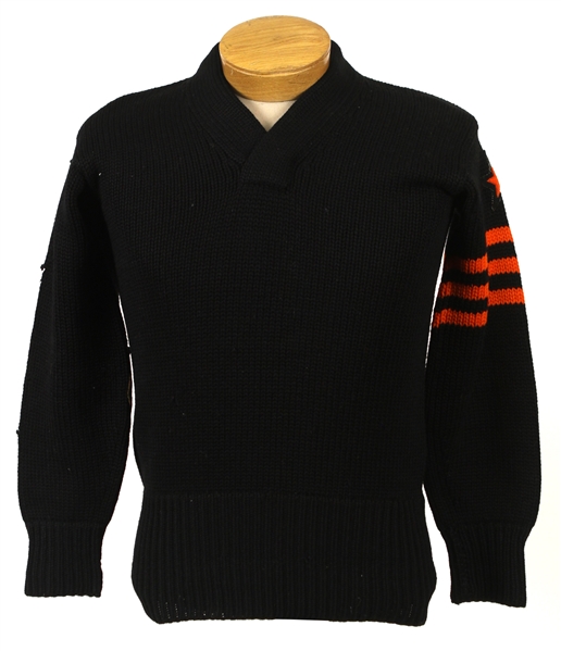 1940s circa Lowe & Campbell Sweater w/ Star, Striped Sleeve & Leather Elbow Pads