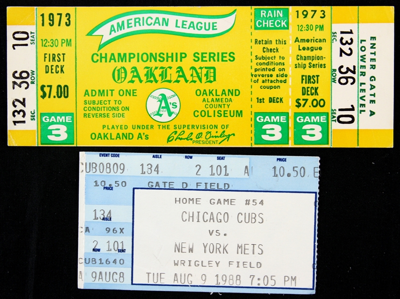 1973-88 Oakland As ALCS & Chicago Cubs First Wrigley Field Night Game Ticket/Stub Collection - Lot of 2