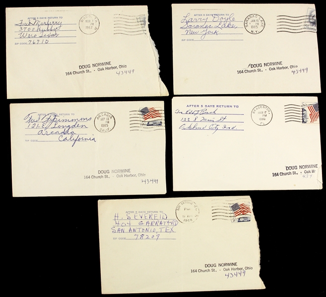 1965-67 Signed Return Envelope Collection - Lot of 5 w/ Edd Roush, Fred Fitzsimmons, Larry Doyle, Fred Marberry & Hank Severeid (JSA)