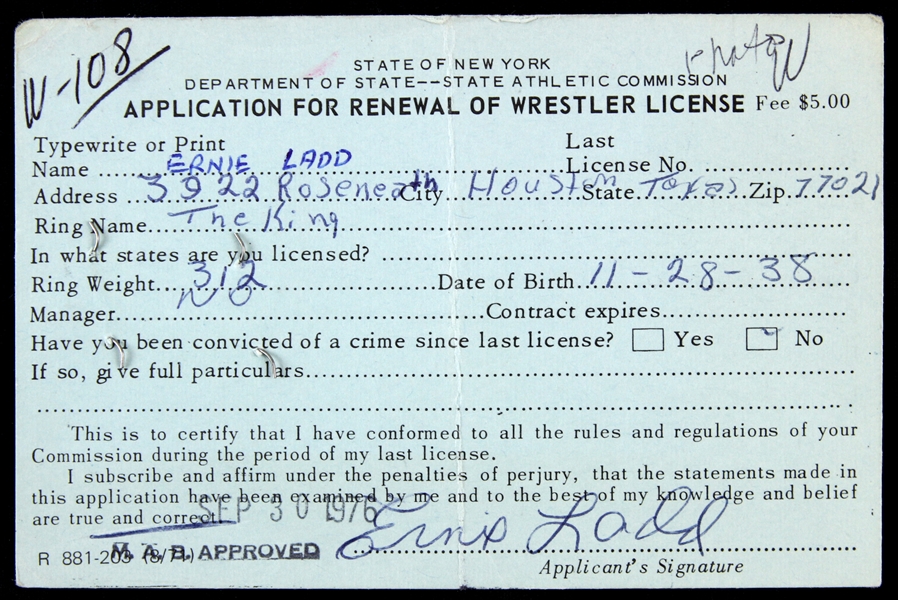 1975 Ernie "The King" Ladd Wrestler Signed Licensure Renewal Application (JSA)