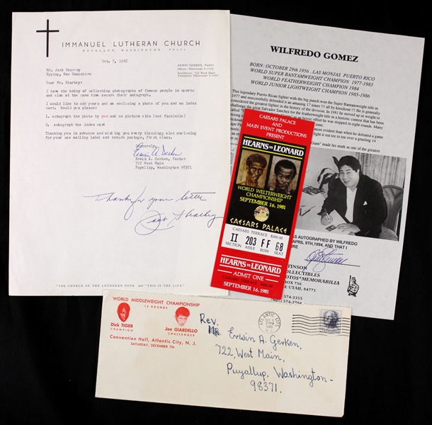 1963-94 Boxing Memorabilia Collection - Lot of 4 w/ Jack Sharkey Signed Letter, Wilfredo Gomez Signed Photo, Hearns/Leonard Ticket & More (JSA)