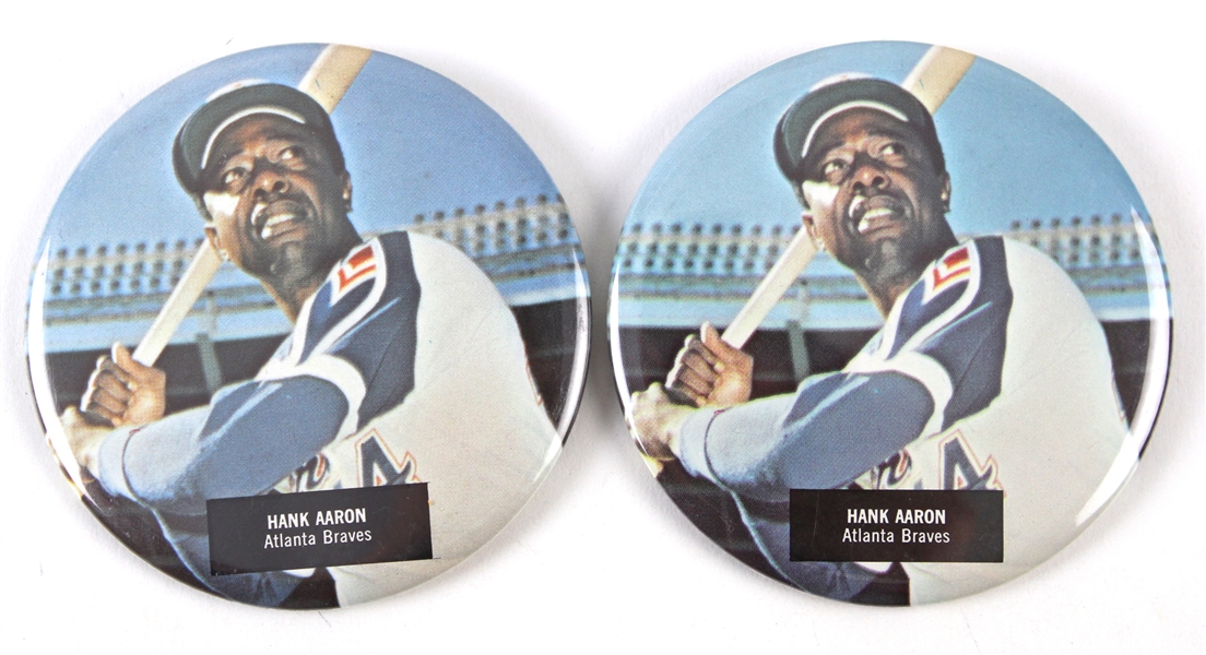 1972-74 Hank Aaron Atlanta Braves 3.5" Pinback Button Collection - Lot of 2