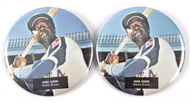 1972-74 Hank Aaron Atlanta Braves 3.5" Pinback Button Collection - Lot of 2