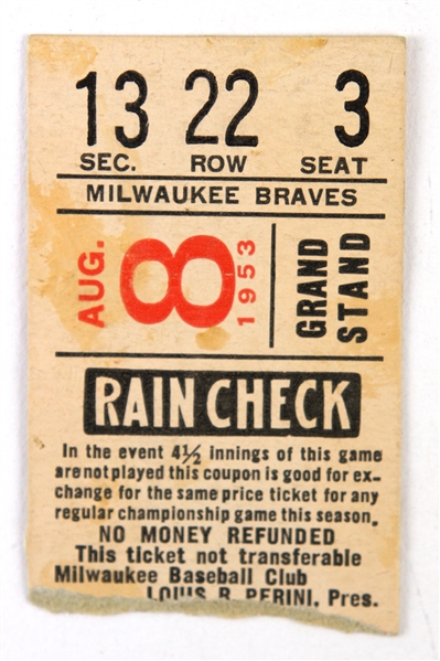 1953 (August 8) Milwaukee Braves Pittsburgh Pirates Milwaukee County Stadium Ticket Stub (Mathews Hits 35th HR of Season, 60th of Career)