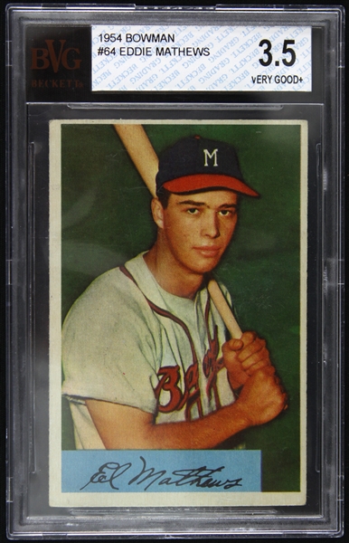 1954 Eddie Mathews Milwaukee Braves Slabbed Bowman Trading Card (BVG 3.5)