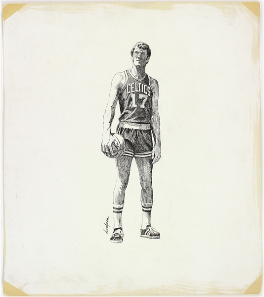 1970s John Havlicek Boston Celtics 17" x 20" Illustration Art by Bill Duehren