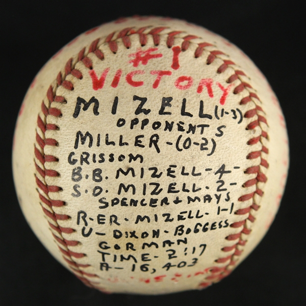 1957 (June 9) Vinegar Bend Mizell St. Louis Cardinals Game Used ONL Giles Victory Baseball (MEARS LOA)