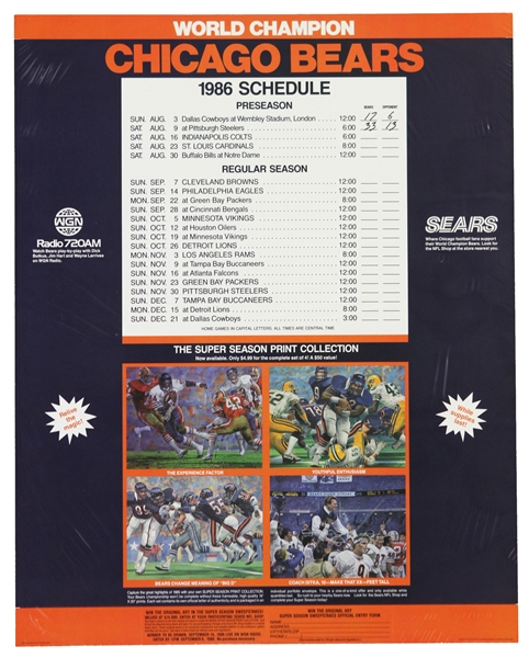 1986 World Champion Chicago Bears 17" x 22" Schedule Poster - Lot of 2