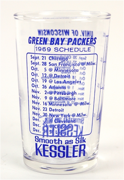 1969 Green Bay Packers Wisconsin Badgers Kessler 4oz. Schedule Shot Glass