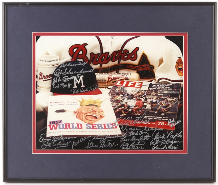 1990s  Milwaukee Braves 1957 World Series Champions Multi Signed 16" x 19" Framed Display w/ 20 Signatures Including Hank Aaron, Warren Spahn, Eddie Mathews & More (JSA)