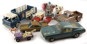 1950s-80s Toy Car Truck & Disney Stuffed Collection - Lot of 13 w/ Dixie Challenger Matchbox Car, Dumbo, 101 Dalmatians & More