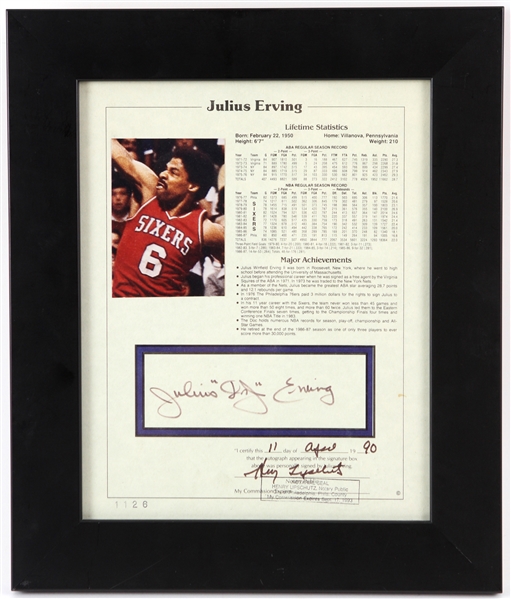 1990 Julius Erving Philadelphia 76ers Signed 11" x 13" Framed Notarized Lifetime Stat Sheet (JSA)