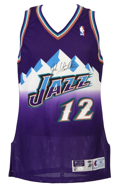 1997-98 John Stockton Utah Jazz Signed Game Worn Road Jersey (MEARS LOA/JSA Full Letter)