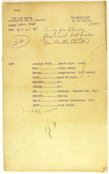 1948 Dan Beattie Lone Ranger Writer Director Signed The Black Game Lone Ranger Episode Script 