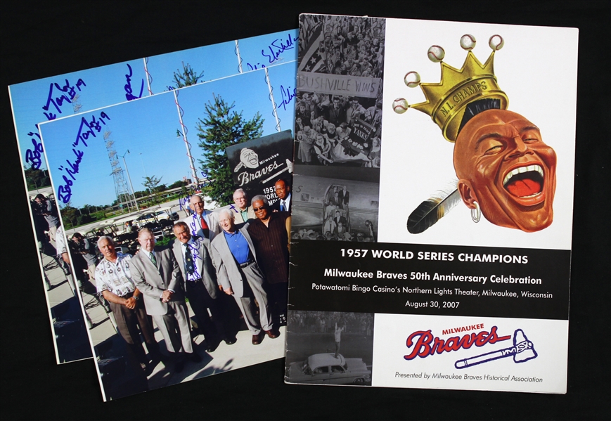 2007 Milwaukee Braves 1957 World Series Champion 50th Anniversary Multi Signed Program & Photos - Lot of 3 w/ Del Crandall, Johnny Logan, Gene Conley & More 