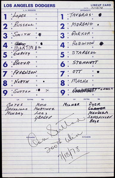 1978 (July 18) Don Sutton Los Angeles Dodgers Signed Lineup Card from 200th Career Victory (JSA)