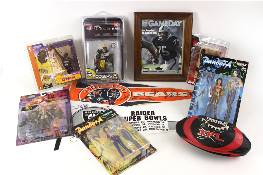 1980s-2000s Football Basketball Action Figure Pennant & Signed Colleciton - Lot of 10 w/ Howie Long, Pennants, XFL Football & More