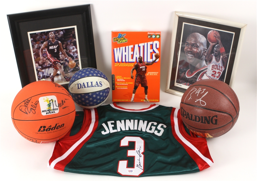 1980s-2000s Basketball Memorabilia Collection - Lot of 7 w/ Dwyane Wade Signed Photo, Brandon Jennings Signed Jersey, Shaquille ONeal Wheaties Box & More  