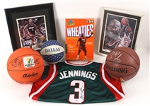 1980s-2000s Basketball Memorabilia Collection - Lot of 7 w/ Dwyane Wade Signed Photo, Brandon Jennings Signed Jersey, Shaquille ONeal Wheaties Box & More  