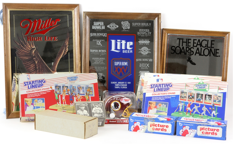 1980s-2000s Football Basketball Baseball Auto Racing Memorabilia Collection - Lot of 21 w/ Framed Beer Mirrors, Football Cards, Figures & More