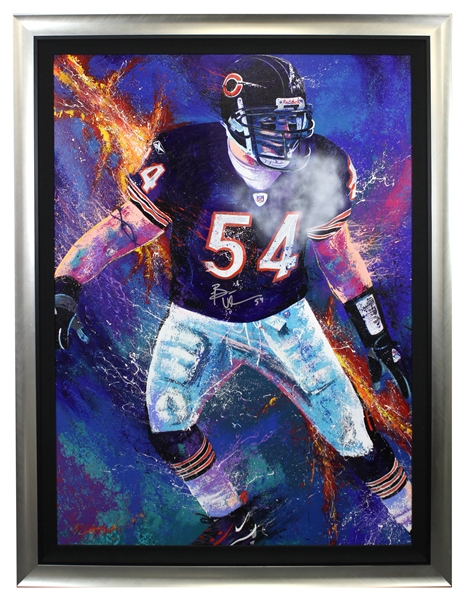 2000s Brian Urlacher Chicago Bears Signed 51" x 67" Framed Original Bill Lopa Art Work  