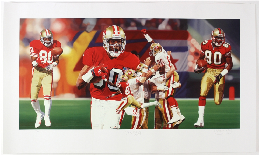 1992-99 Jerry Rice San Francisco 49ers Signed 19" x 32" Lithpograph & Uncut Sheet of 1992 Topps Basketball Cards (JSA)
