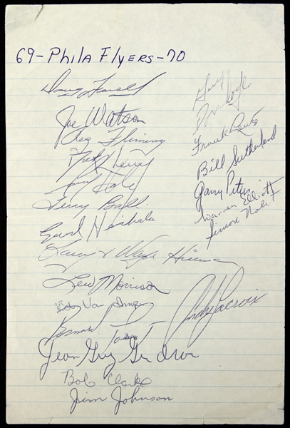 1969-70 Philadelphia Flyers Team Signed Sheet w/ 21 Signatures Including Bobby Clarke (Rookie Signature), Bernie Parent, Ed Van Impe, Andre LaCroix & More (JSA Full Letter)