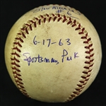 1963 (June 17) Stan Musial St. Louis Cardinals Signed ONL Giles Sportsman's Park Batting Practice Baseball (MEARS LOA/JSA)